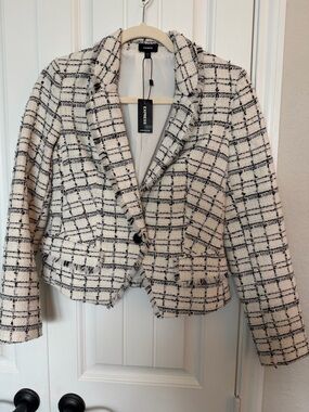 Express XS One Button Cream/Black/Silver threads plaid Tweed Blazer NWT